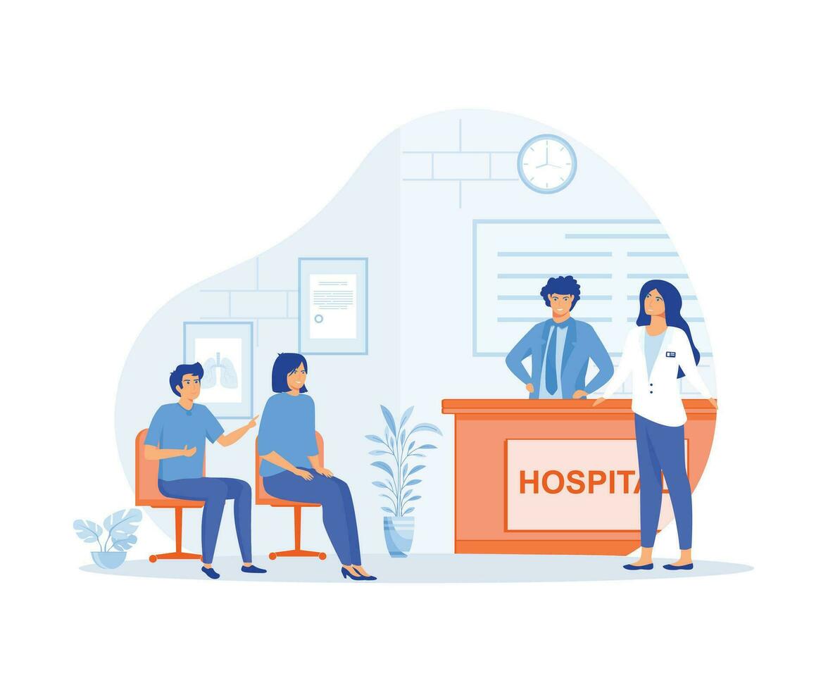 Hospital reception, Patients at a hospital reception desk registering and paying at the desk or sitting waiting for the doctor, flat vector modern illustration