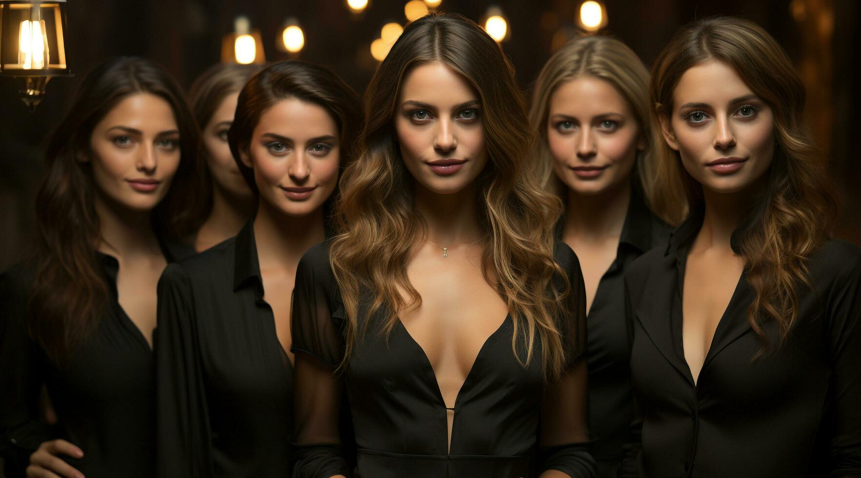 Young adult females in elegant dresses, smiling and looking at the camera with confidence, showcasing their beauty and glamour in a nightclub generated by AI photo