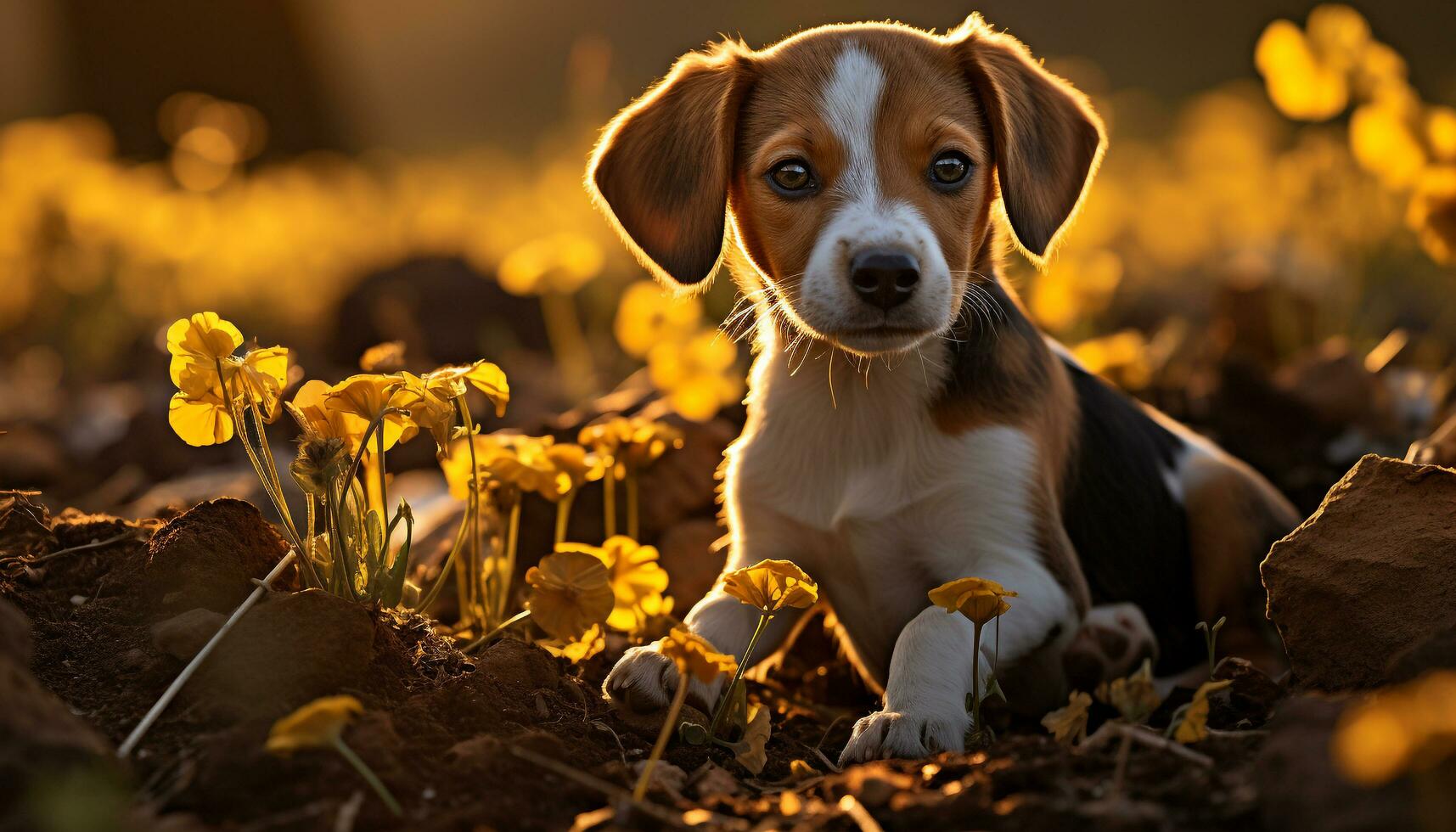 Cute puppy sitting in grass, enjoying nature playful beauty generated by AI photo