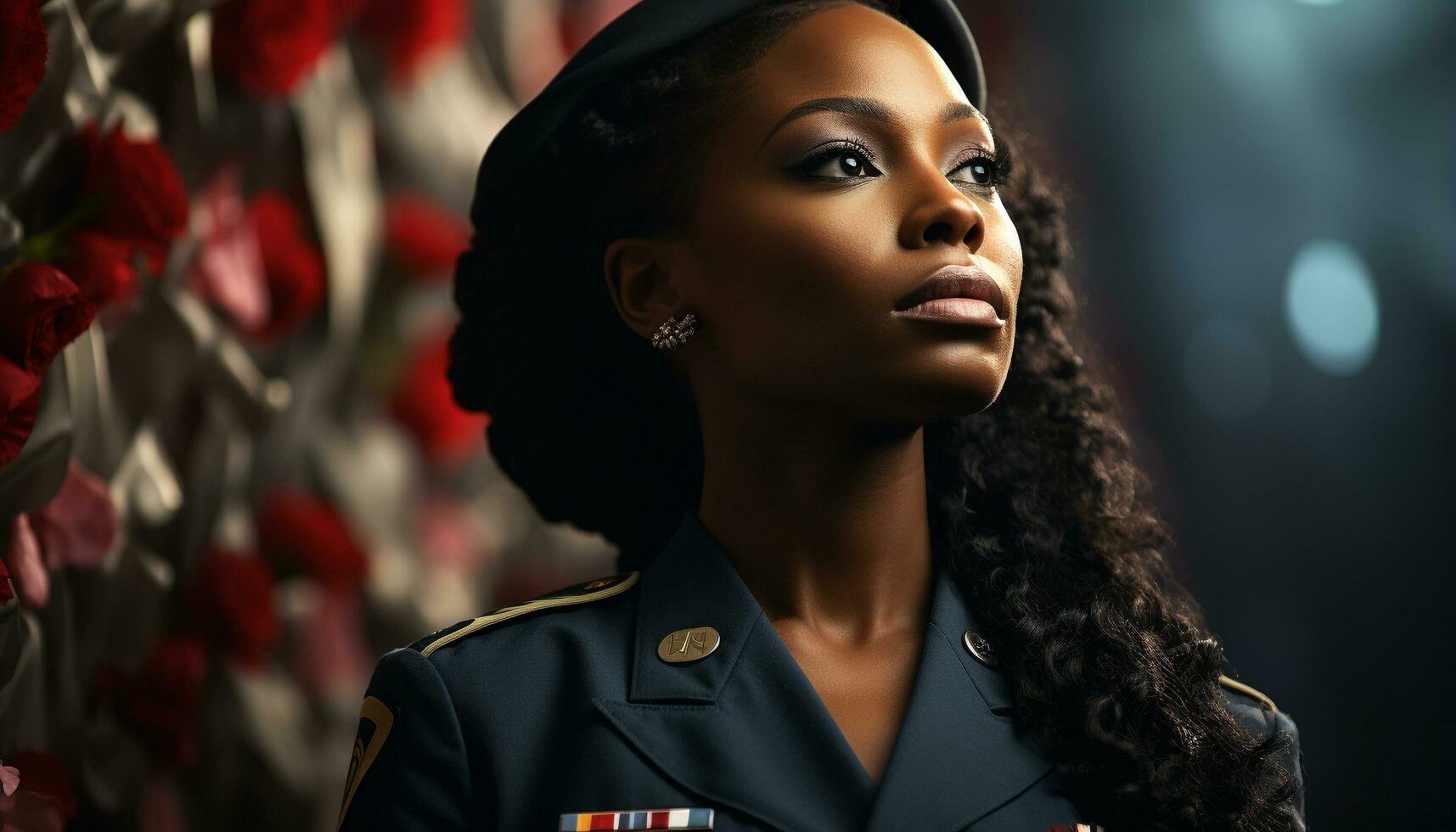 One beautiful woman, confident and elegant, looking at camera generated by AI photo