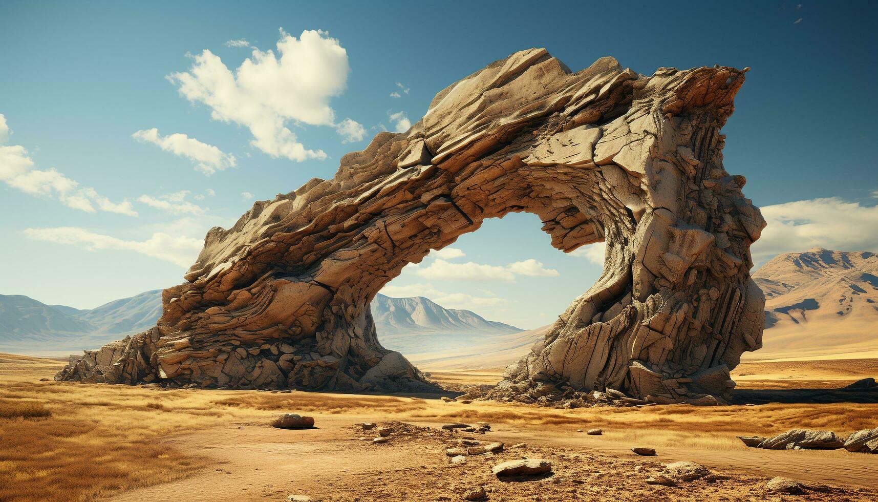 Majestic mountain range, remote and arid, with sandy coastline generated by AI photo