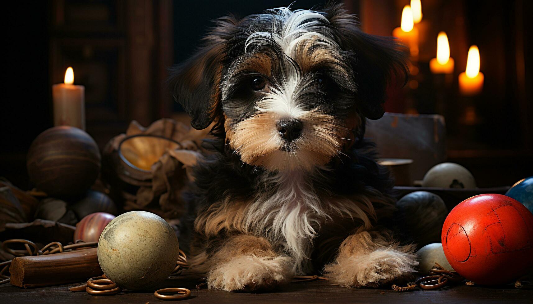 Cute puppy sitting on table, looking at camera with pumpkin generated by AI photo