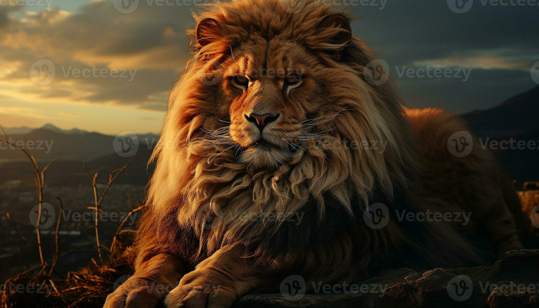 Majestic lion resting, looking at camera, in African savannah generated by AI photo