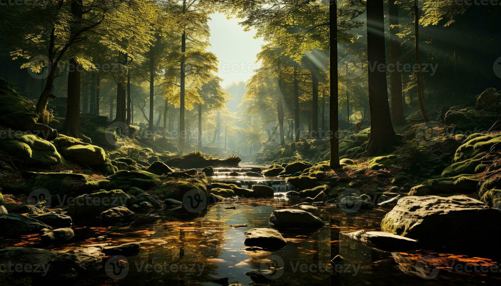 Tranquil scene foggy forest, autumn leaves, reflecting in water generated by AI photo