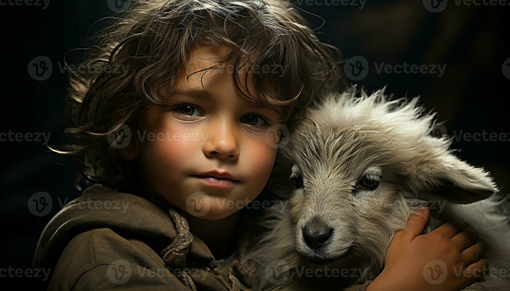 Cute child embraces playful puppy, radiating innocence and joy generated by AI photo