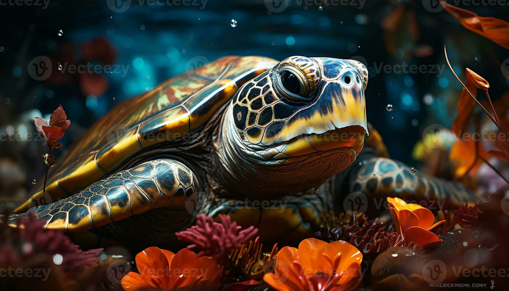 Cute turtle swimming in underwater reef, slow and small generated by AI photo