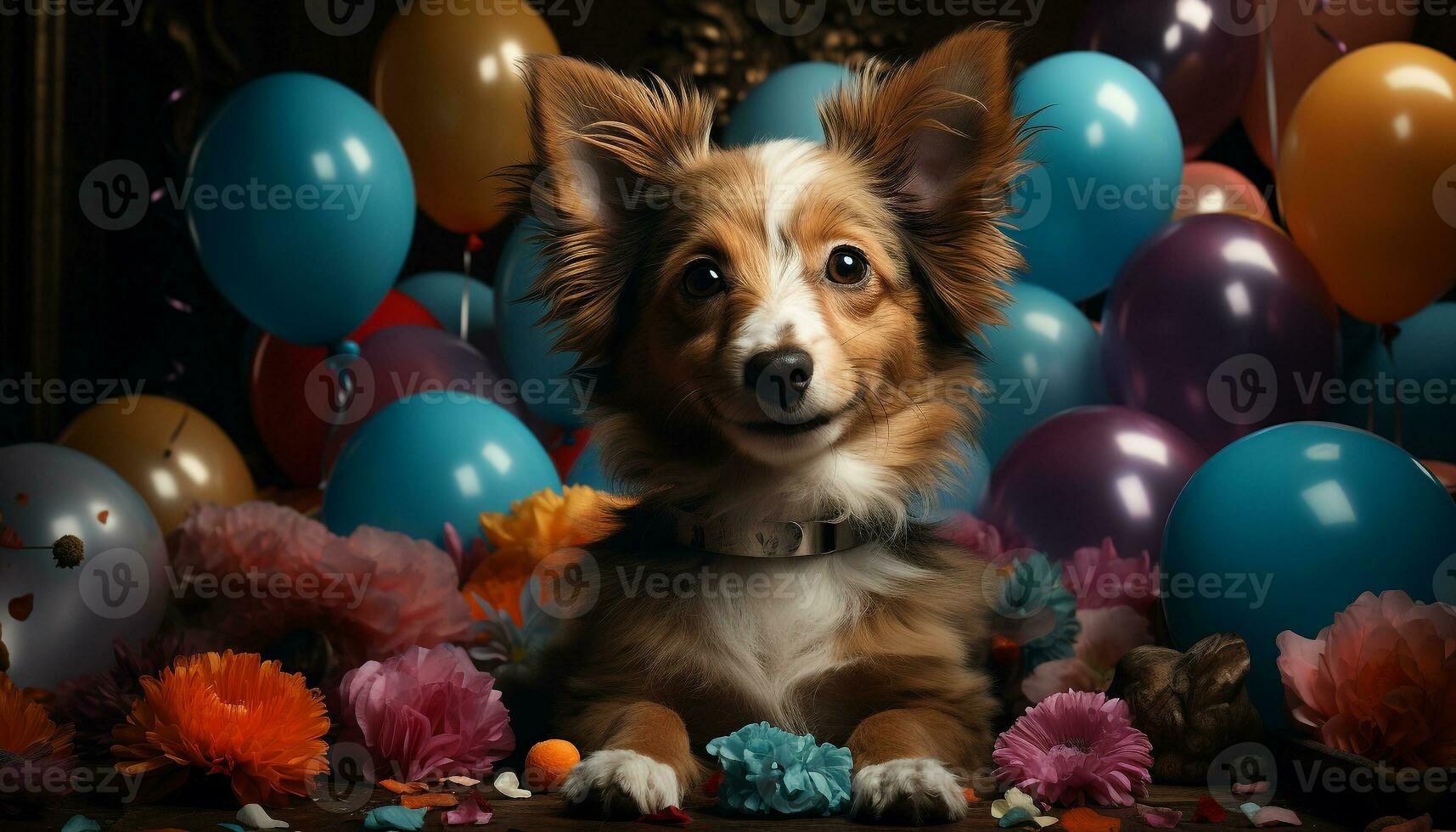 Cute puppy sitting, looking at camera, playful with balloon generated by AI photo