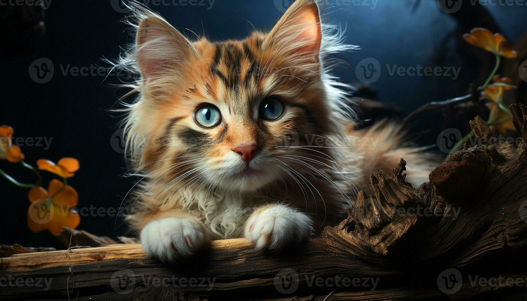 linda gatito sentado al aire libre, mirando a cámara, juguetón y curioso generado por ai foto