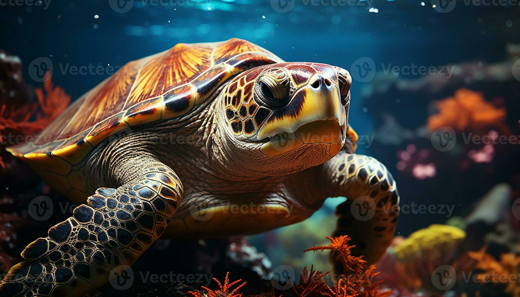 A cute sea turtle swimming in the blue reef generated by AI photo