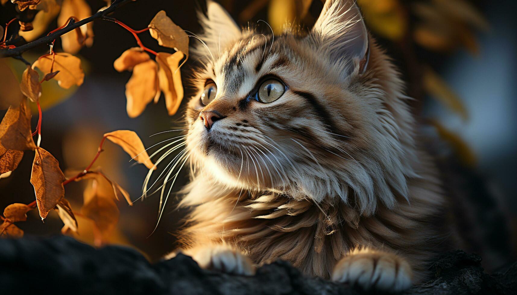 linda gatito sentado en árbol, curioso a cámara, otoño generado por ai foto