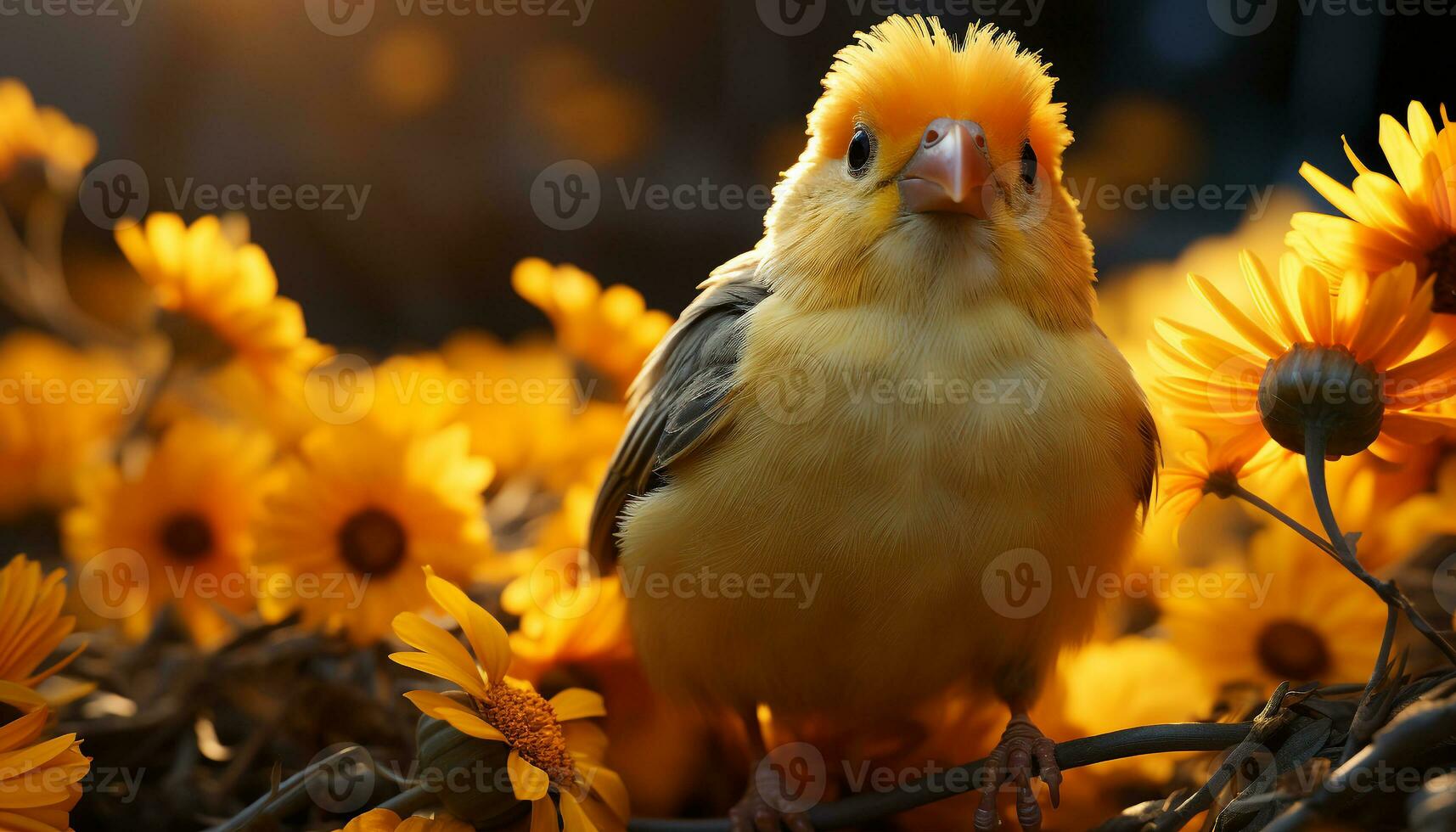 A cute, small bird perching on a branch outdoors generated by AI photo