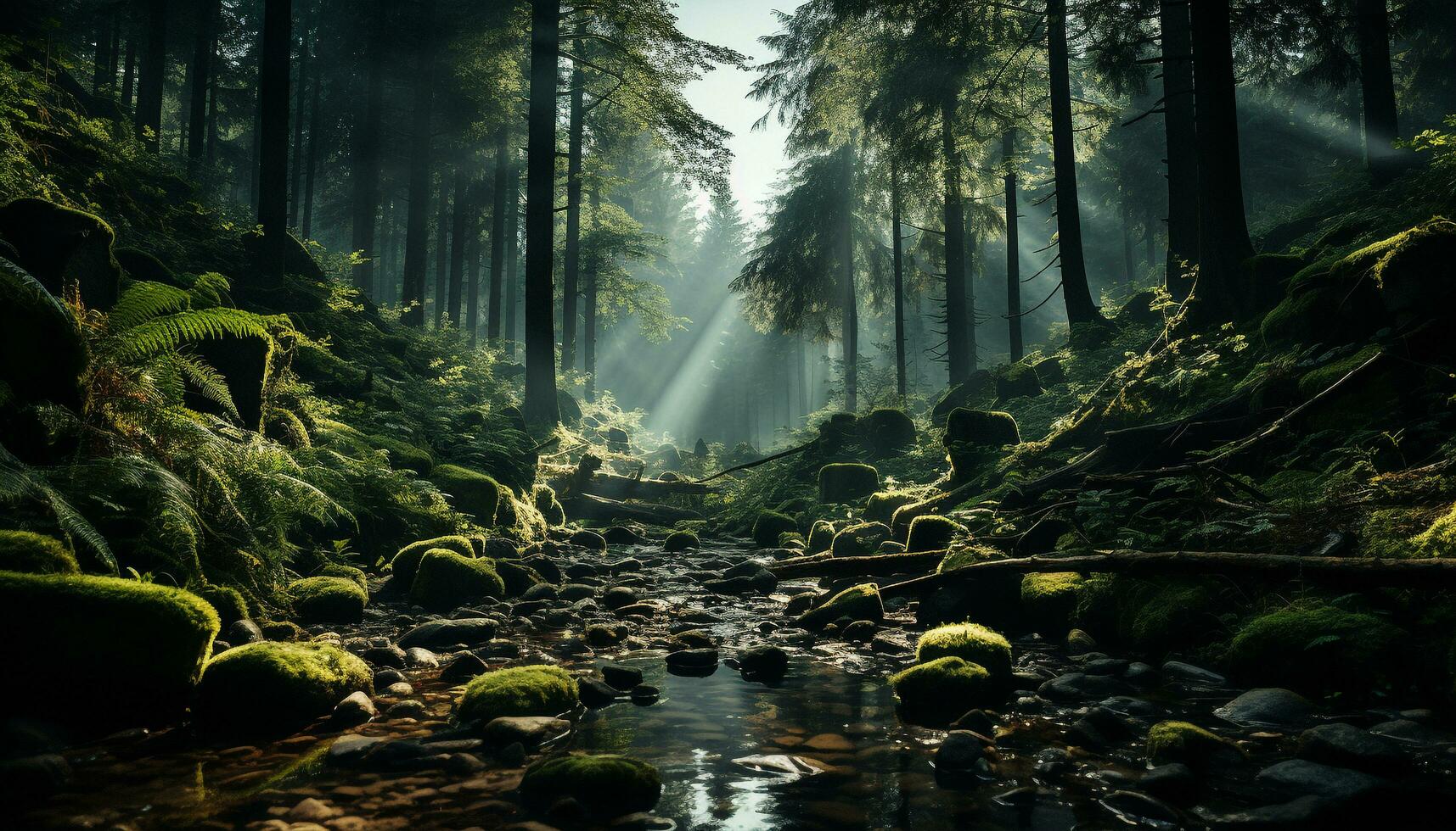 Tranquil scene foggy forest reflects mystery and tranquility generated by AI photo