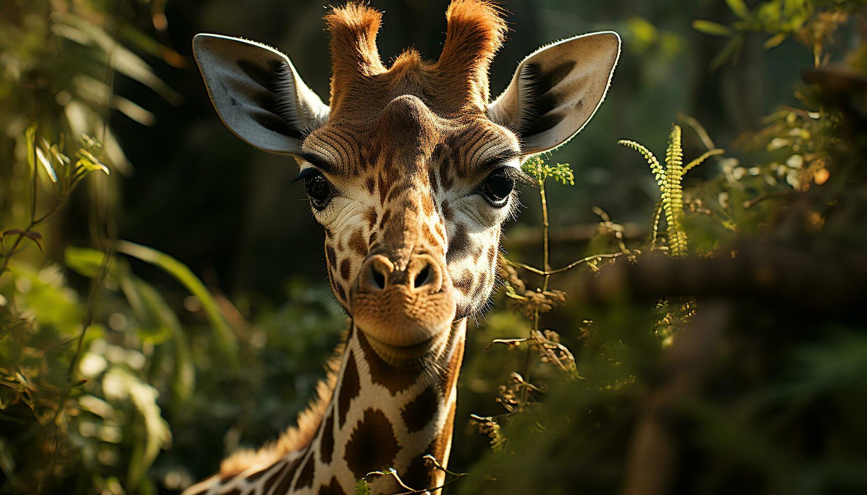 Giraffe, mammal, nature beauty, looking at camera, standing tall generated by AI photo