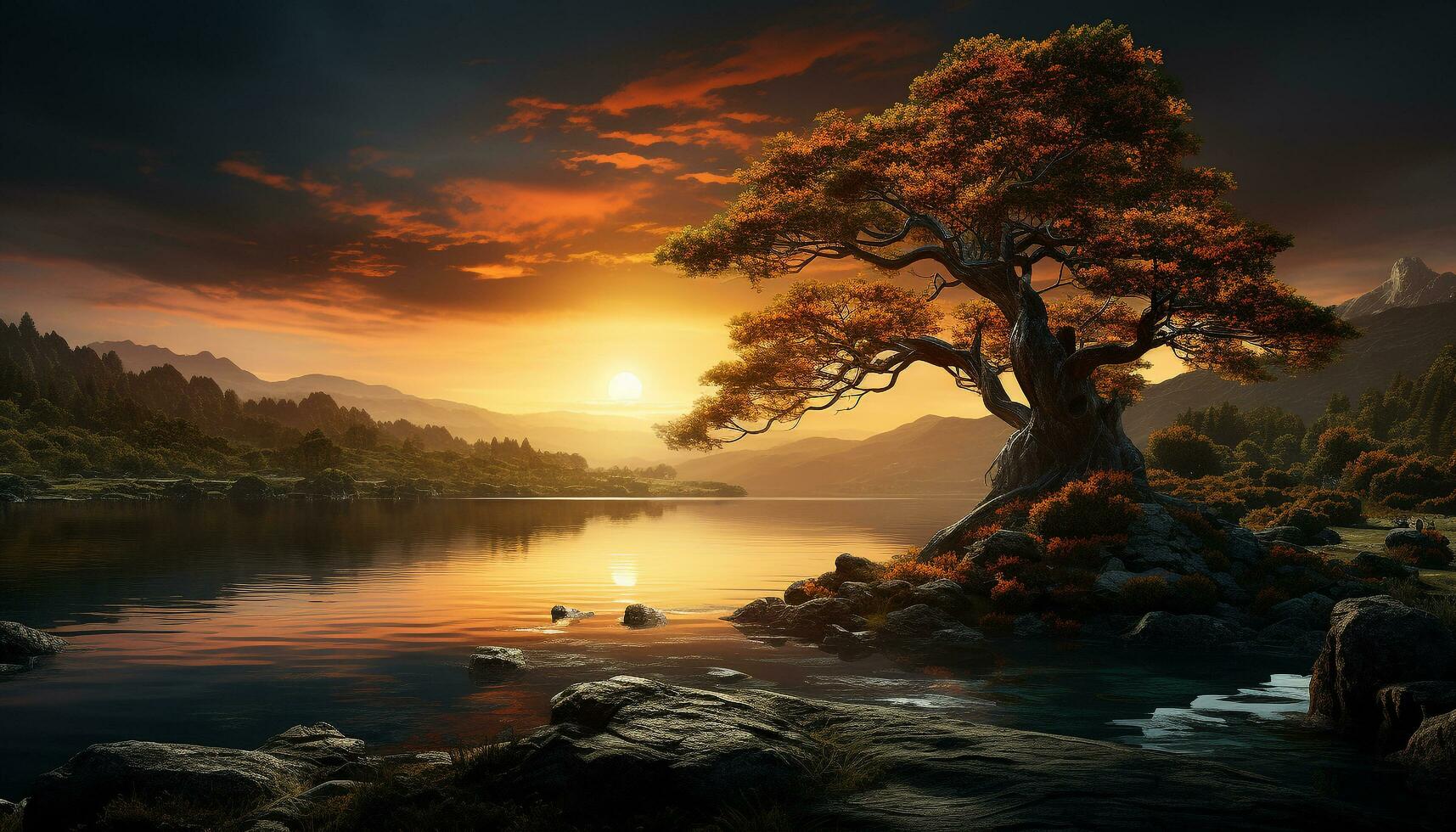 Sunset over the tranquil forest, reflecting in the calm water generated by AI photo