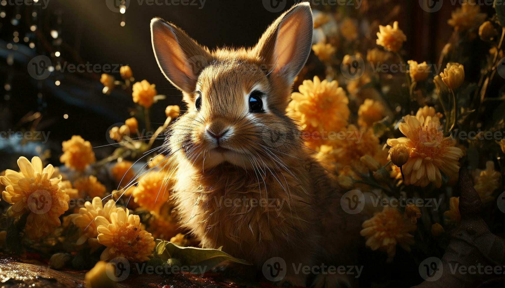 Cute fluffy rabbit sitting in grass, surrounded by flowers generated by AI photo