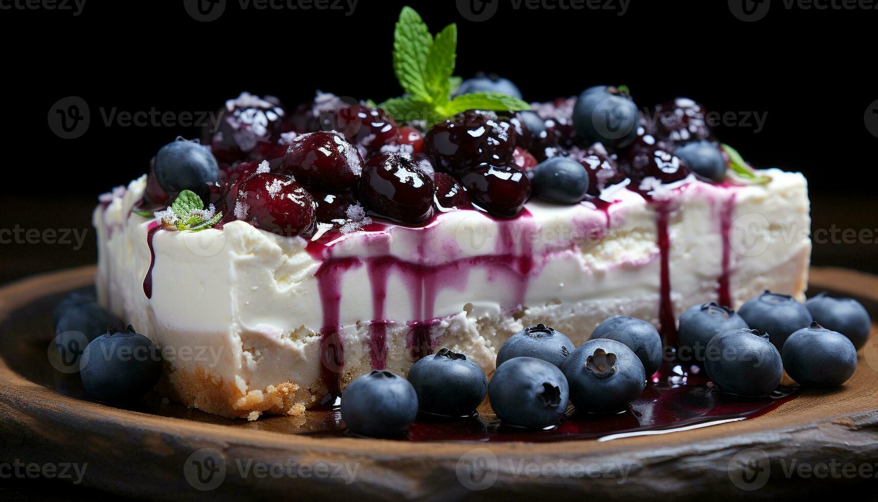 Homemade gourmet dessert fresh berry cheesecake with chocolate cream generated by AI photo