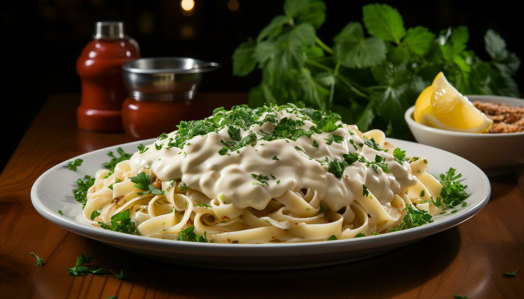 Gourmet meal, freshness on plate, homemade pasta, healthy eating generated by AI photo