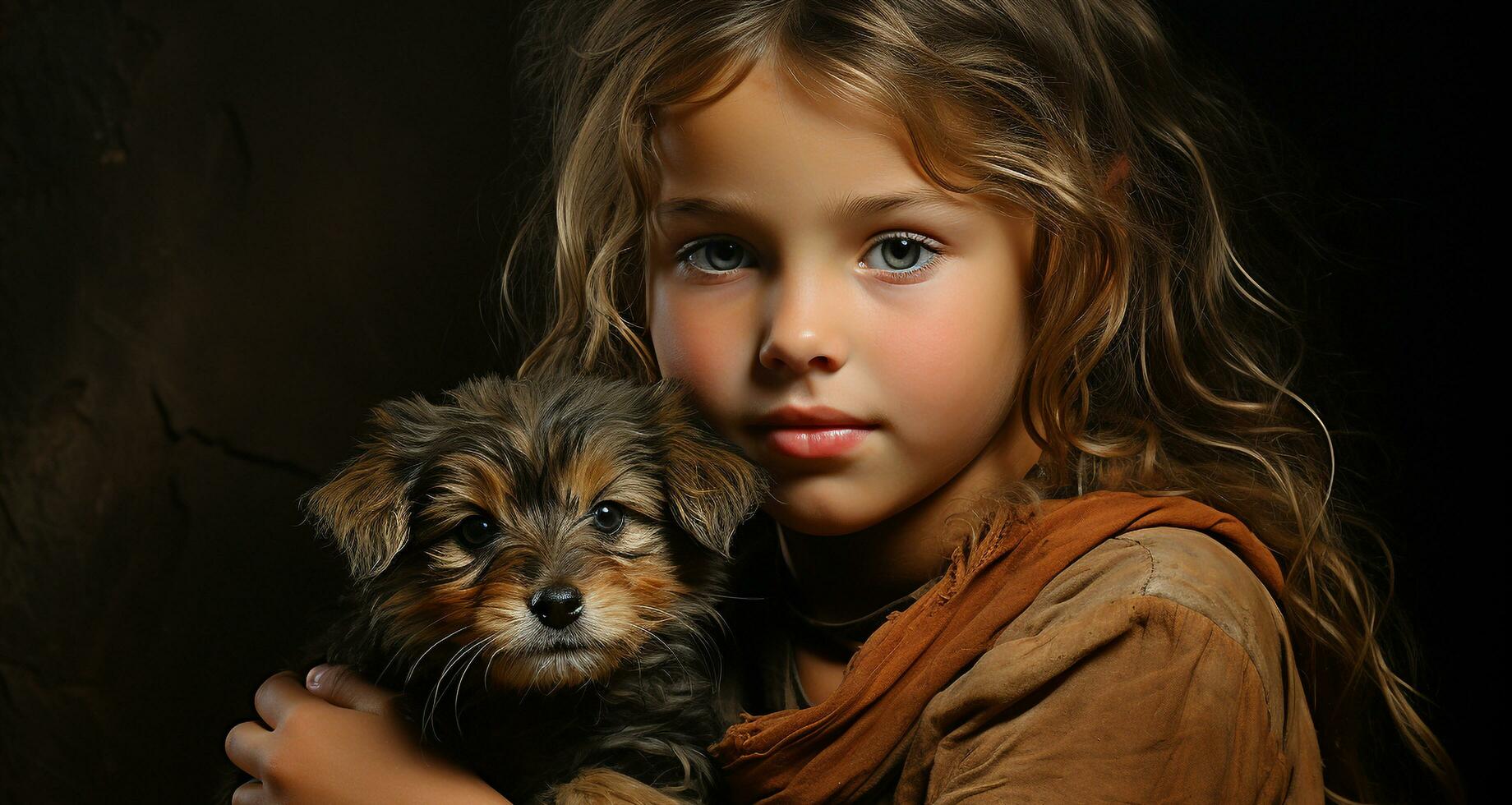 Cute small child pets dog, portrait animal puppy generated by AI photo