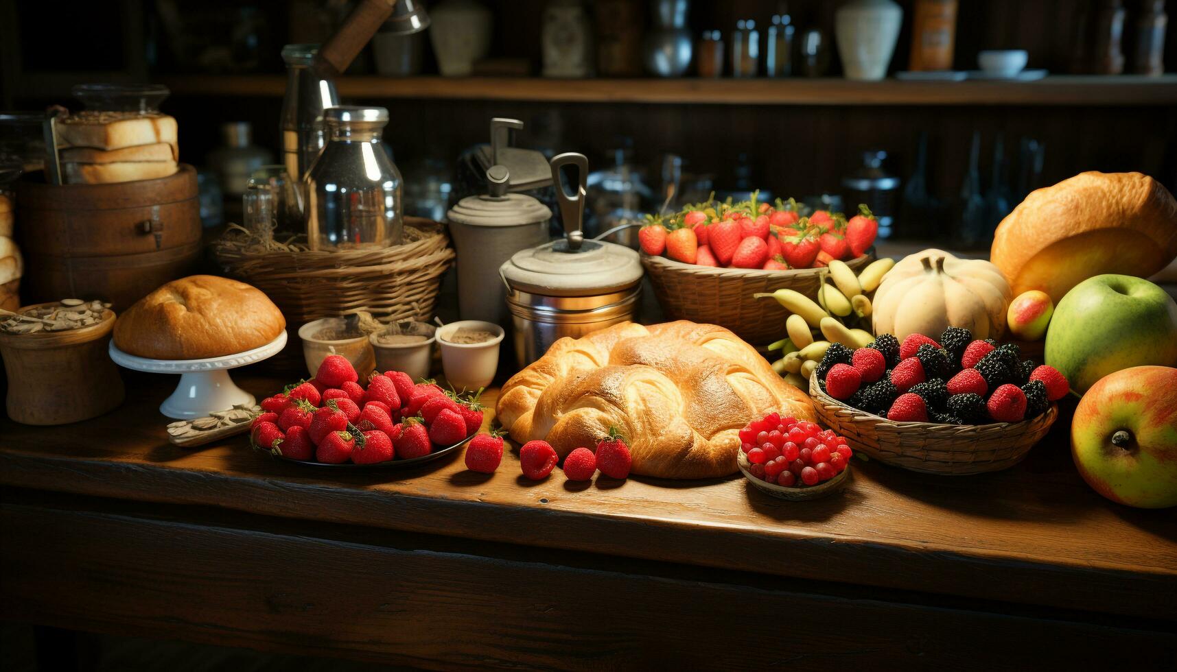 un rústico mesa muestra un gastrónomo comida de Fresco frutas generado por ai foto