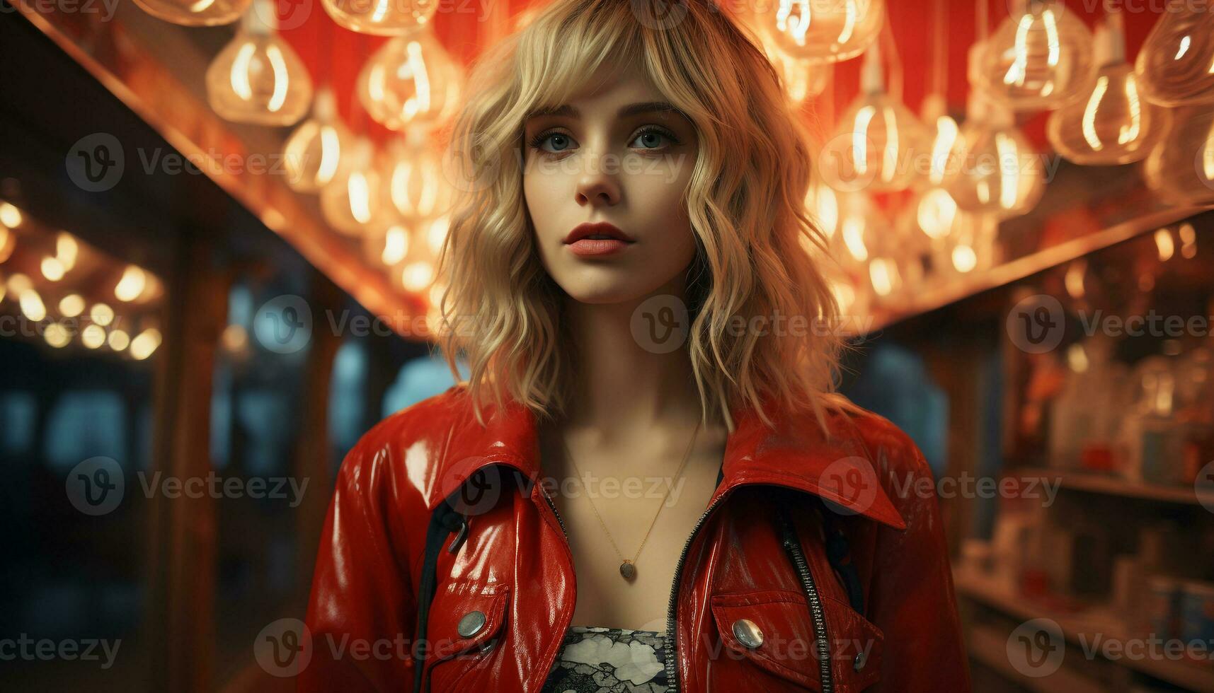 Young woman with blond hair, standing outdoors, looking at camera generated by AI photo