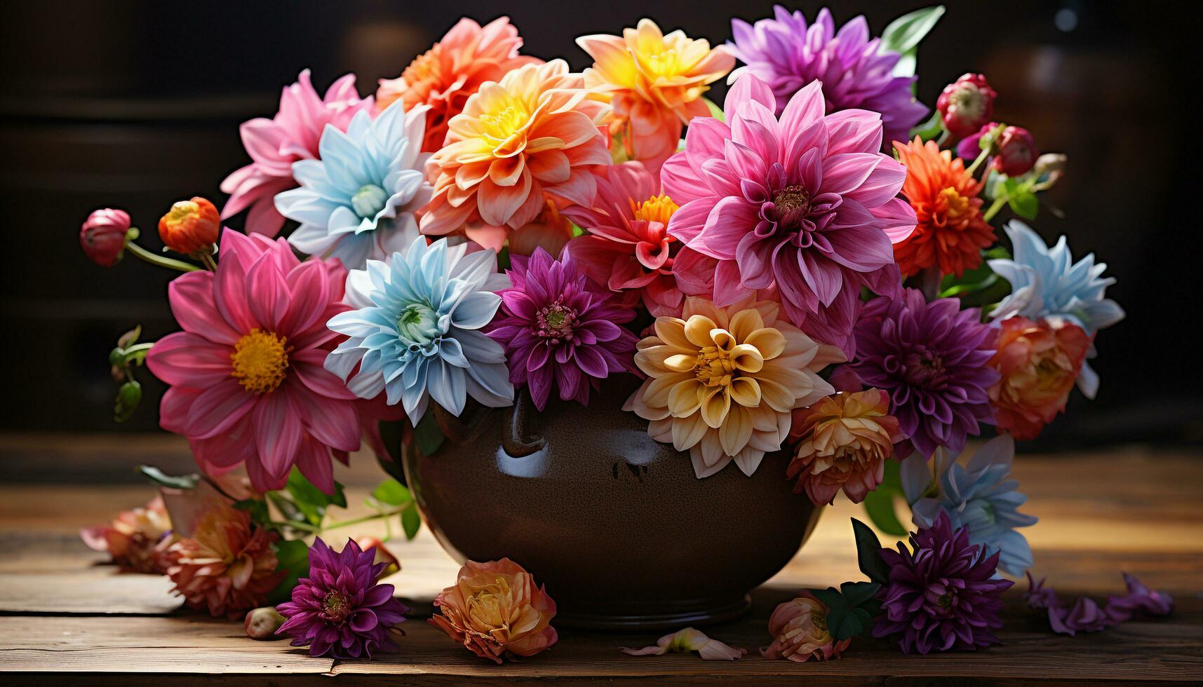 A fresh bouquet of multi colored flowers on a wooden table generated by AI photo