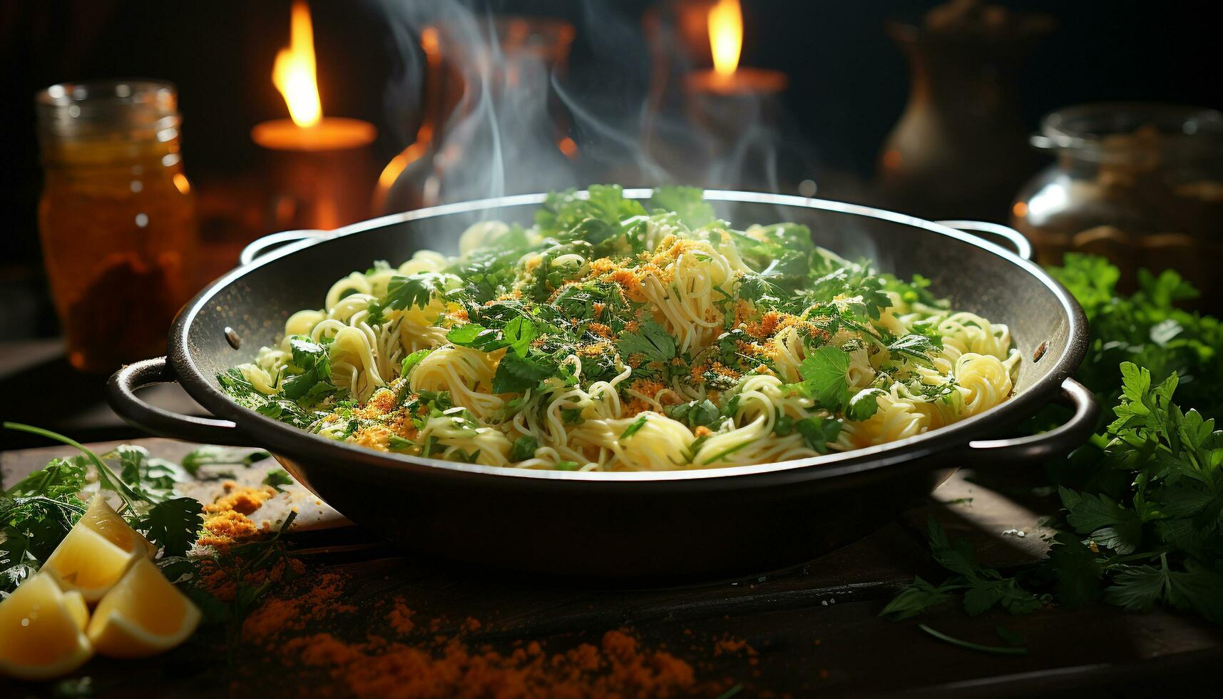 Healthy eating vegetarian meal with fresh vegetables, cooked pasta, and homemade soup generated by AI photo