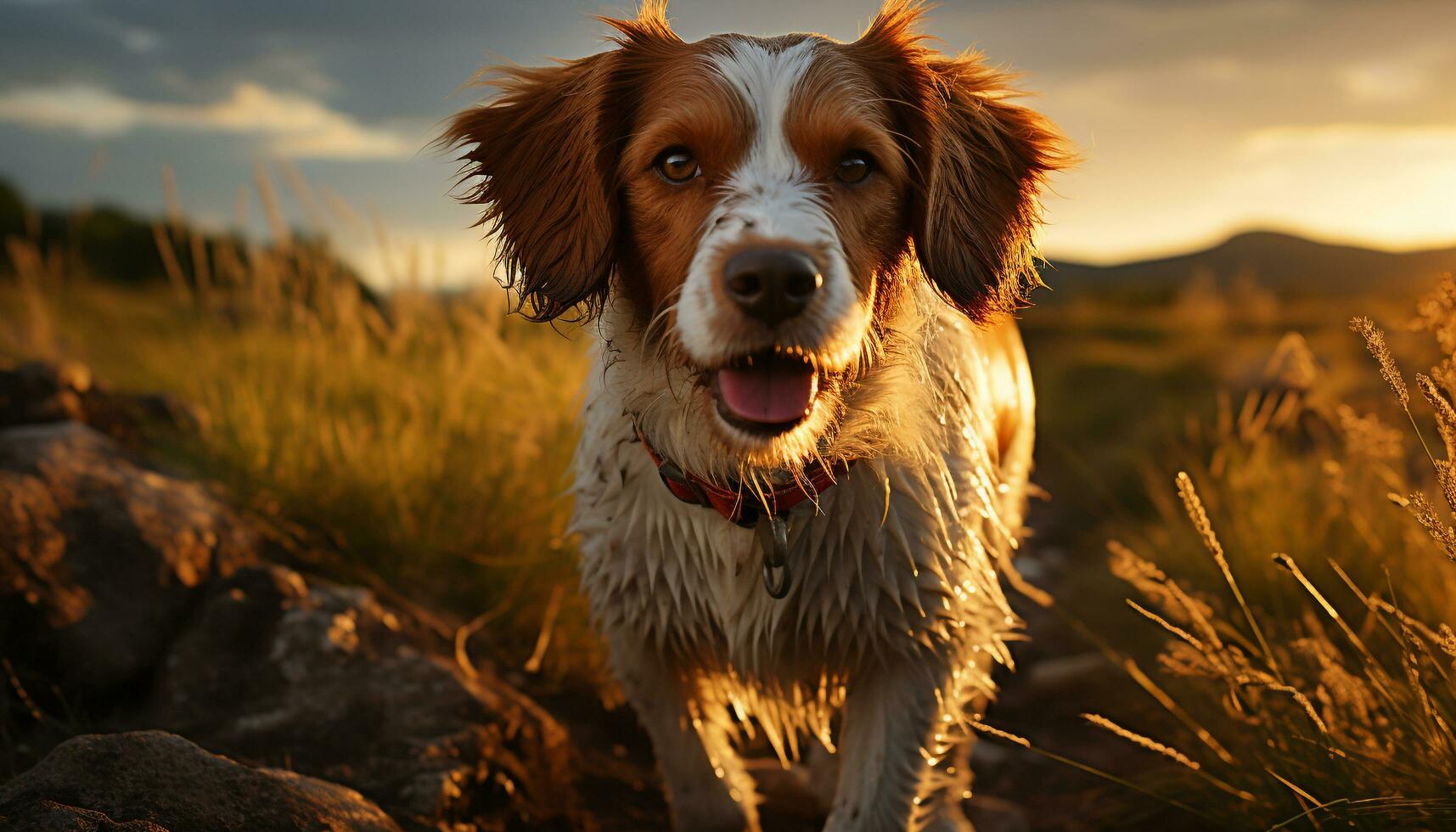 Cute puppy sitting in grass, looking at camera, enjoying nature generated by AI photo