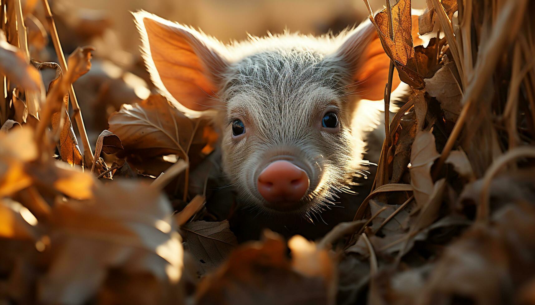 Cute piglet looking at camera in sunny meadow generated by AI photo