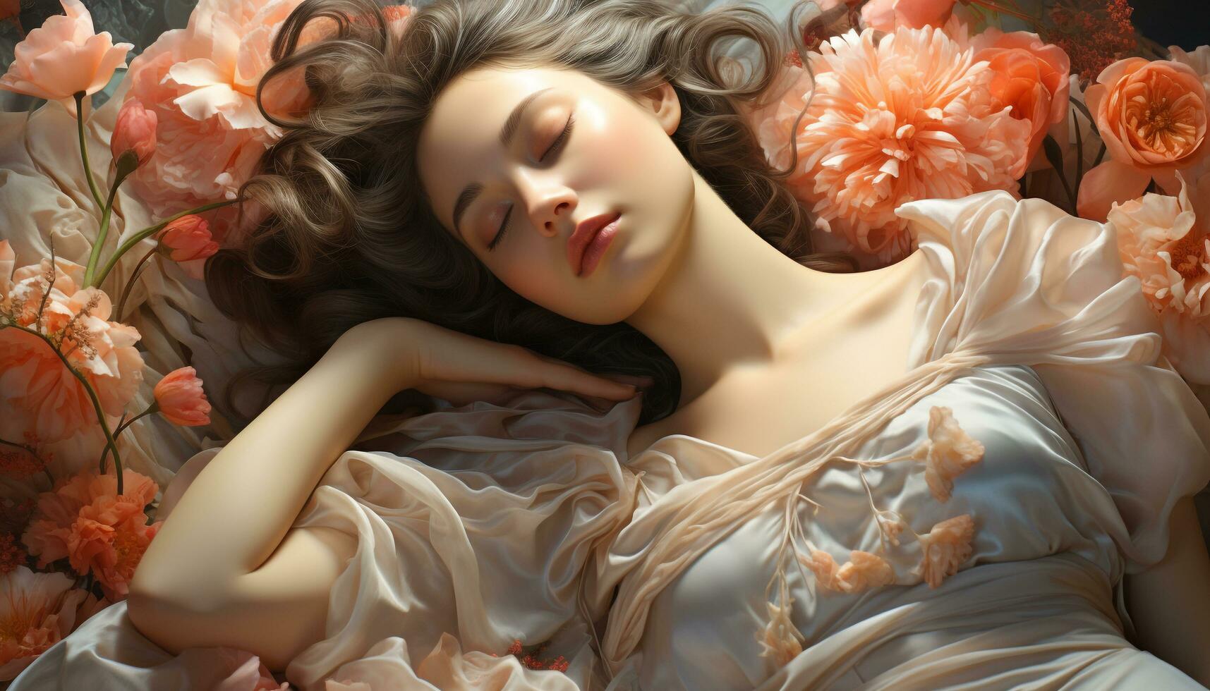 A beautiful woman lies in nature, surrounded by flowers generated by AI photo