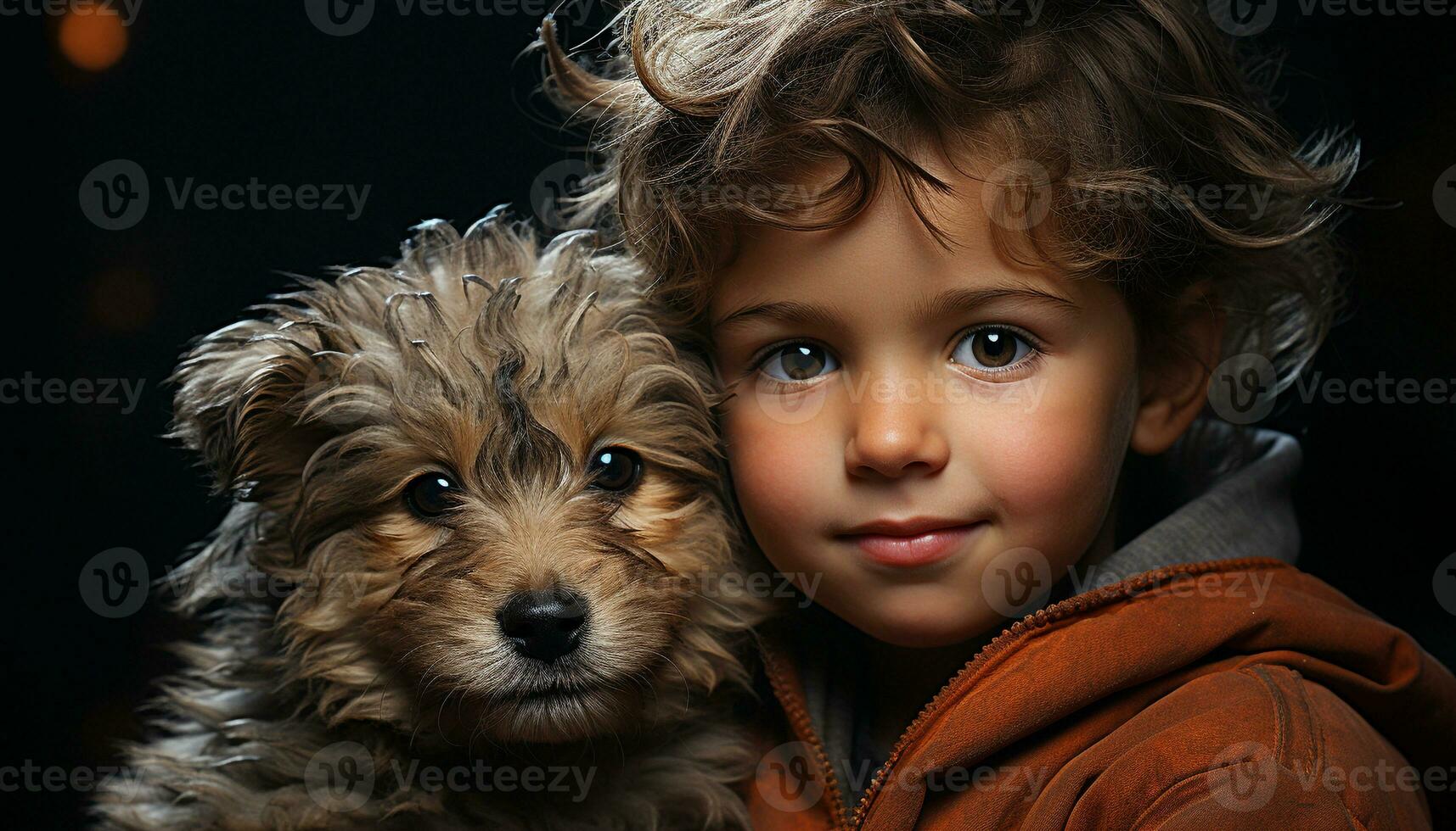 Cute dog and child, small pets, portrait of animal friendship generated by AI photo