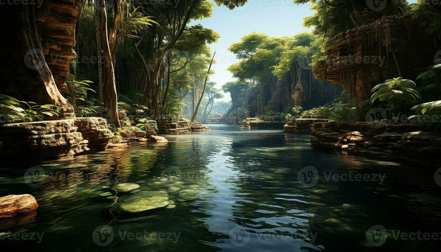 Tranquil scene of tropical rainforest, flowing water, and lush greenery generated by AI photo