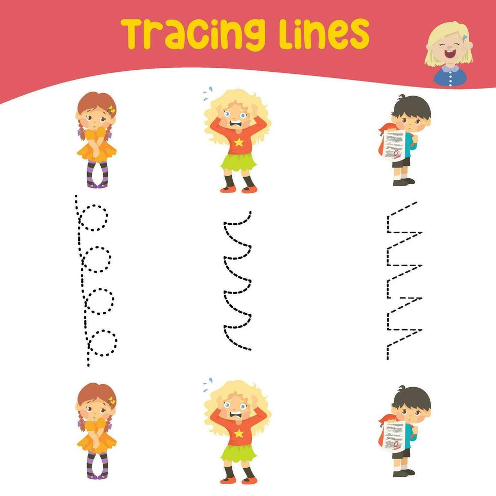 Tracing lines activity for children. Tracing worksheet for kids. Educational printable worksheet vector