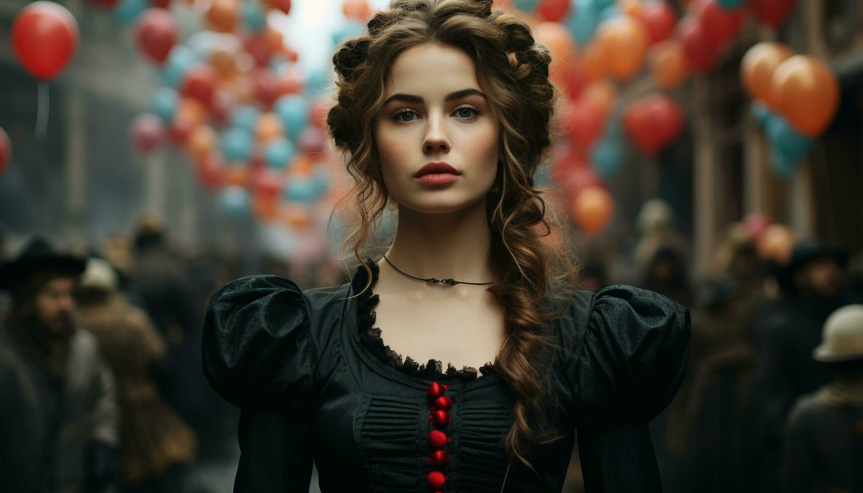 Beautiful fashion model in elegant dress, looking at camera with glamour generated by AI photo
