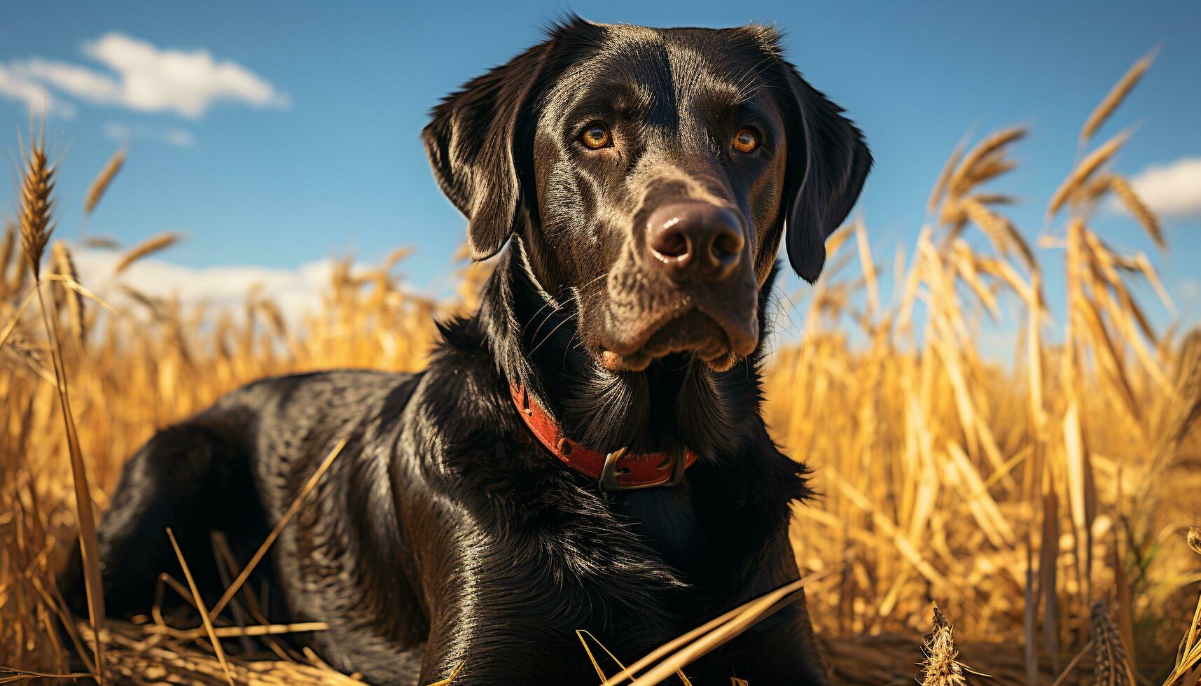 A loyal Labrador puppy sitting in the grass, looking at camera generated by AI photo