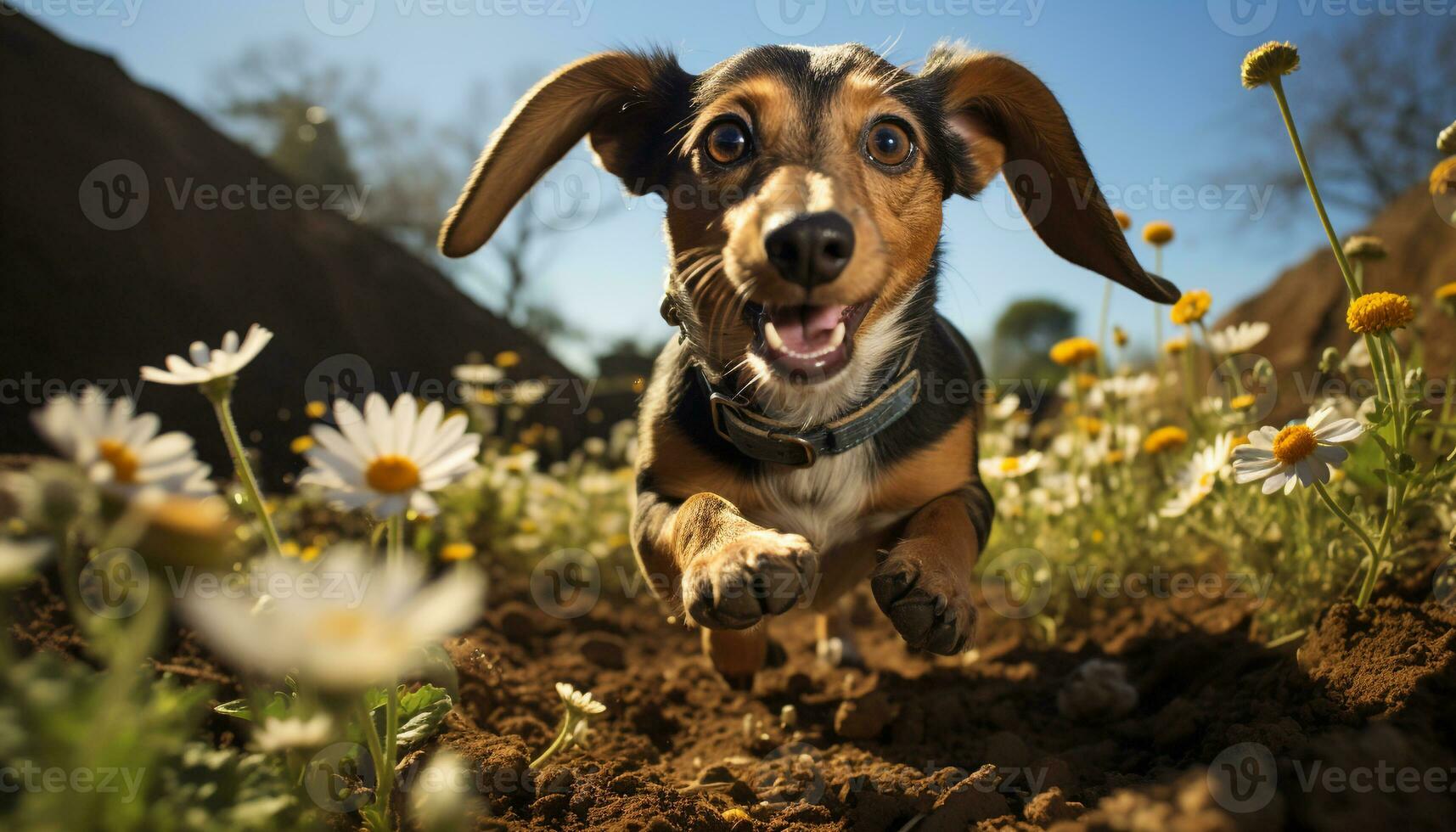 A cute puppy playing in the grass, enjoying the summer generated by AI photo