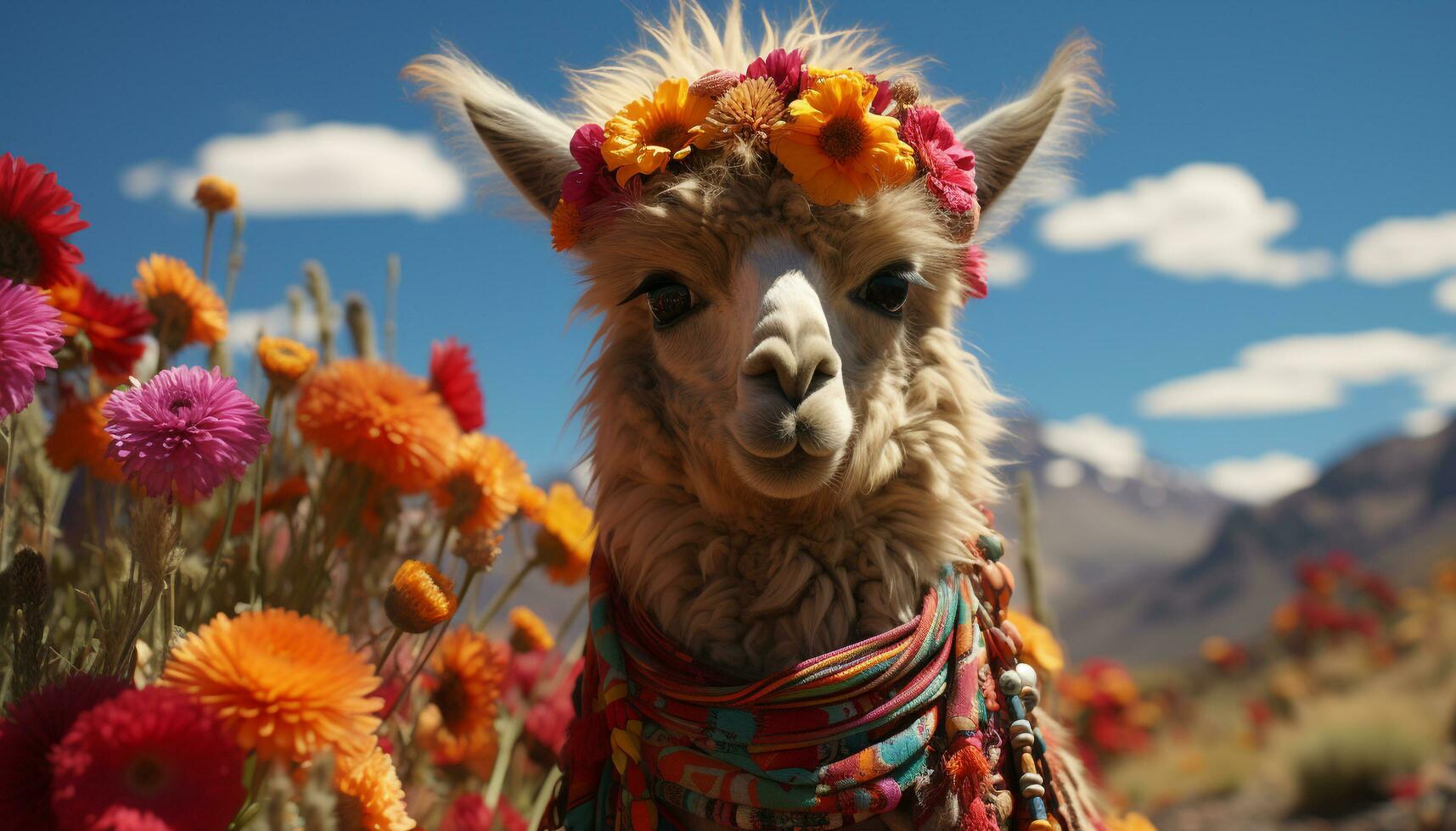 Cute alpaca in the meadow, looking at camera, surrounded by nature generated by AI photo