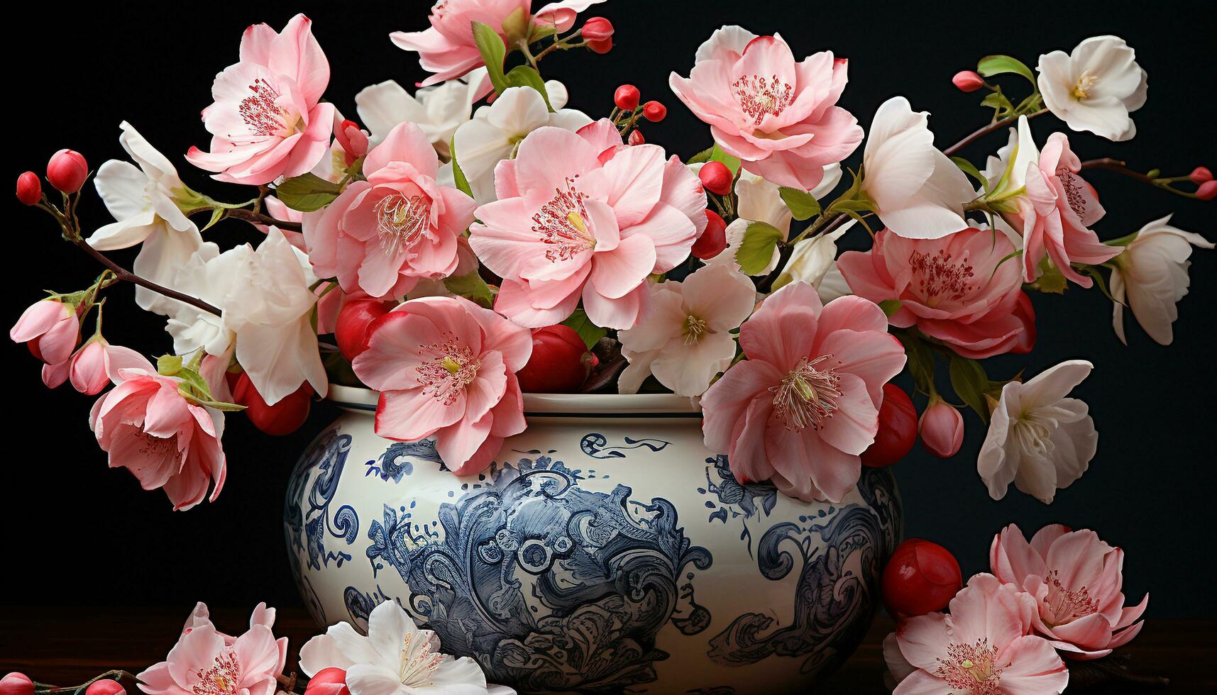 Vase holds flower bouquet, nature beauty in an ornate pot generated by AI photo