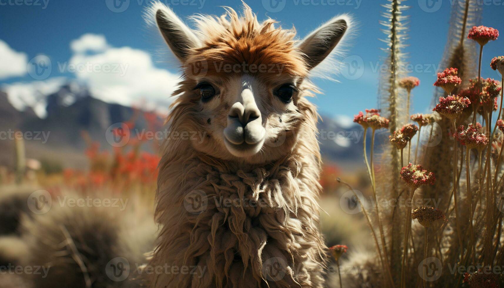 Cute alpaca grazing on green meadow, looking at camera generated by AI photo