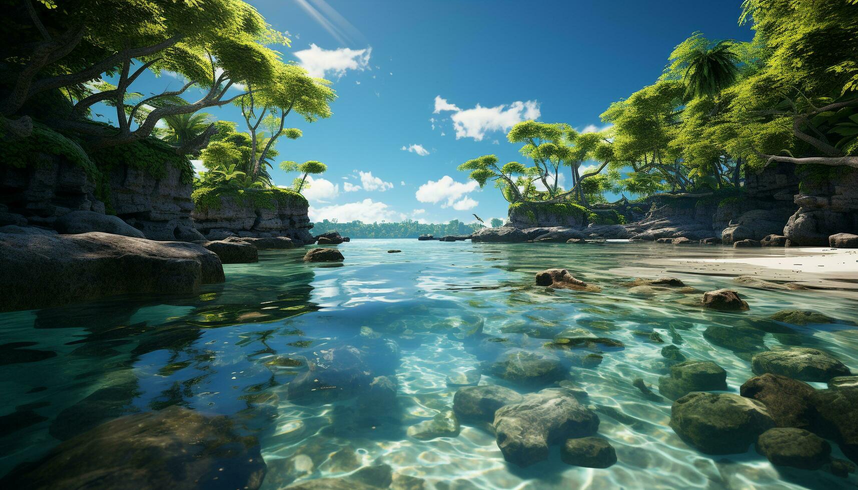 A tranquil scene of a tropical coastline, water and palm trees generated by AI photo