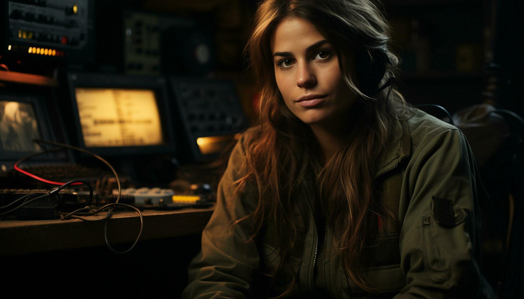 A confident young woman working indoors, using a computer generated by AI photo