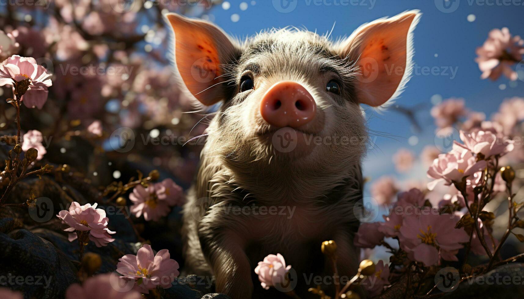 A cute piglet in nature, looking at the camera generated by AI photo