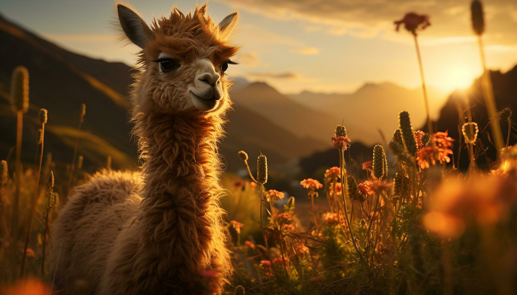 un linda alpaca roza en el prado, bañado en puesta de sol generado por ai foto