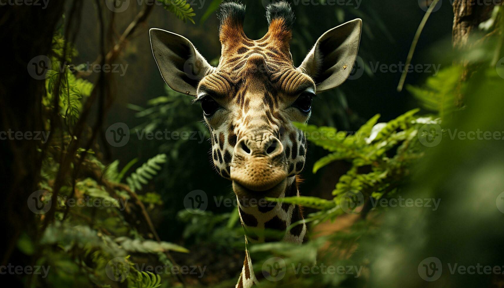 Giraffe in the wild, looking at camera, surrounded by green generated by AI photo