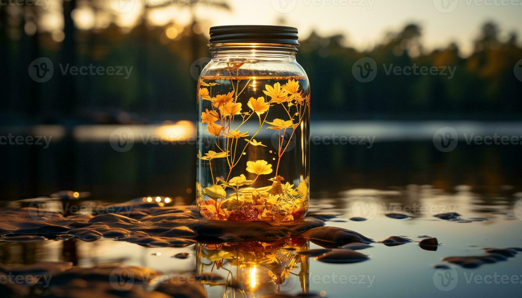 Refreshing autumn drink on a wooden table, reflecting nature beauty generated by AI photo