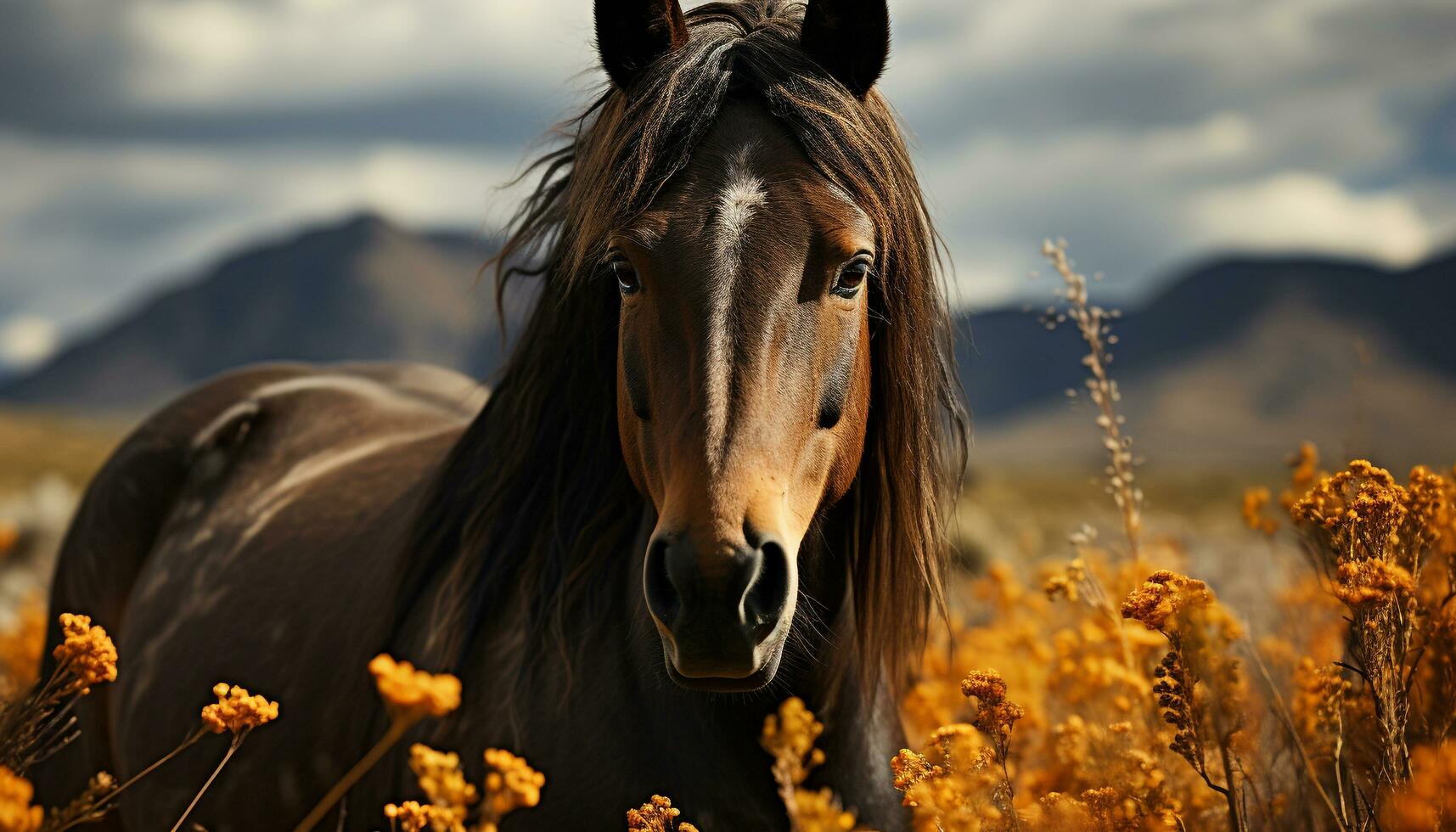 Beautiful horse grazing in a meadow, enjoying the rural scenery generated by AI photo