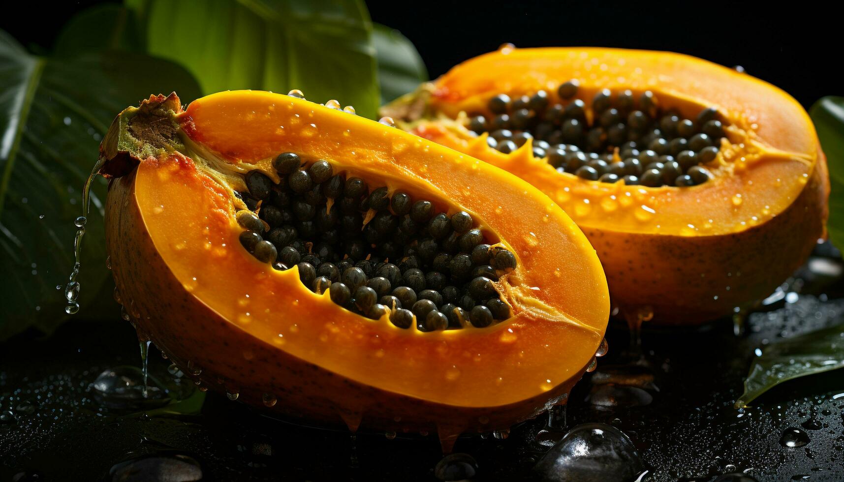 Freshness and nature combine in a slice of ripe papaya generated by AI photo