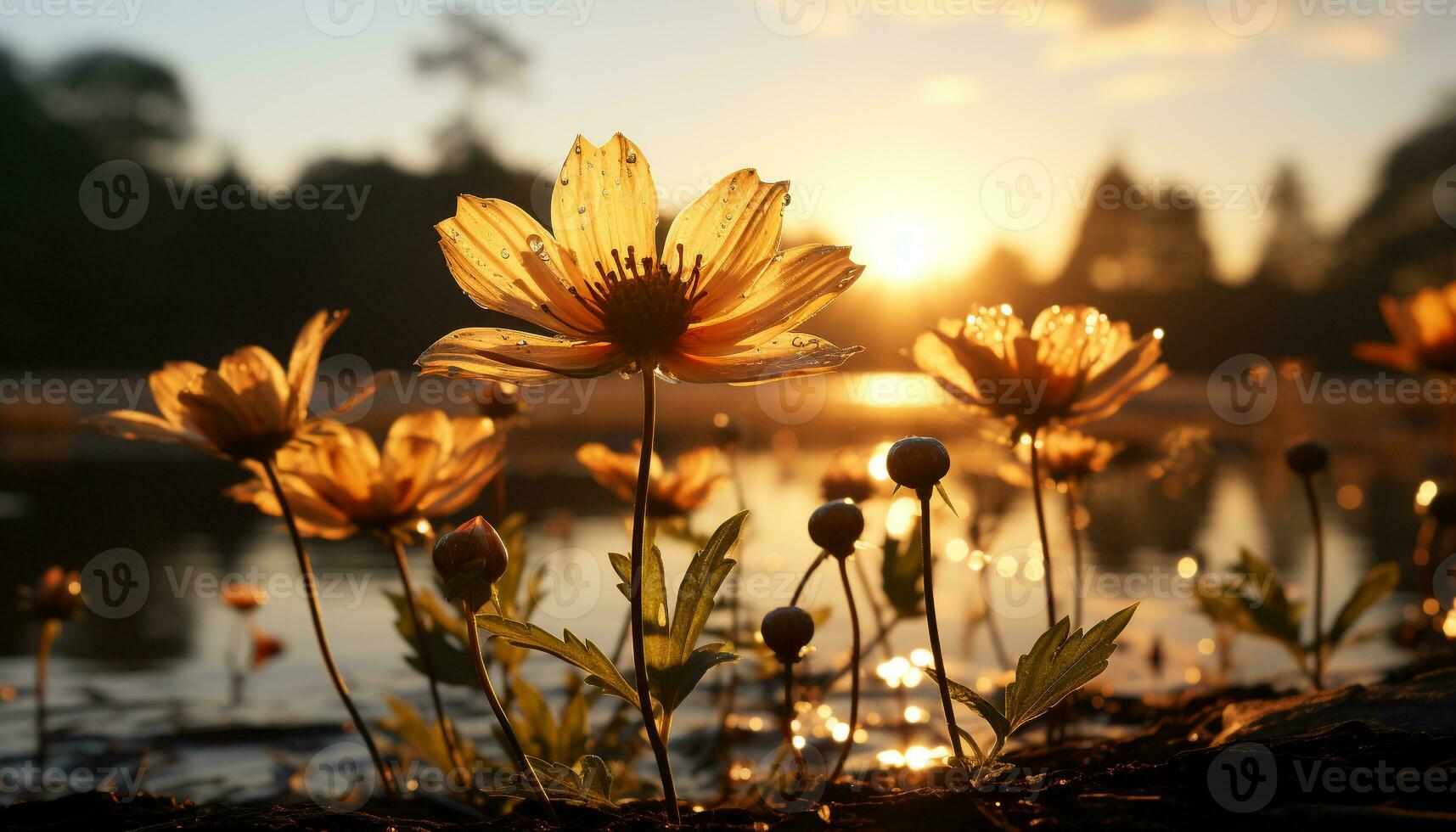 The vibrant flower blossoms in the tranquil meadow at dawn generated by AI photo