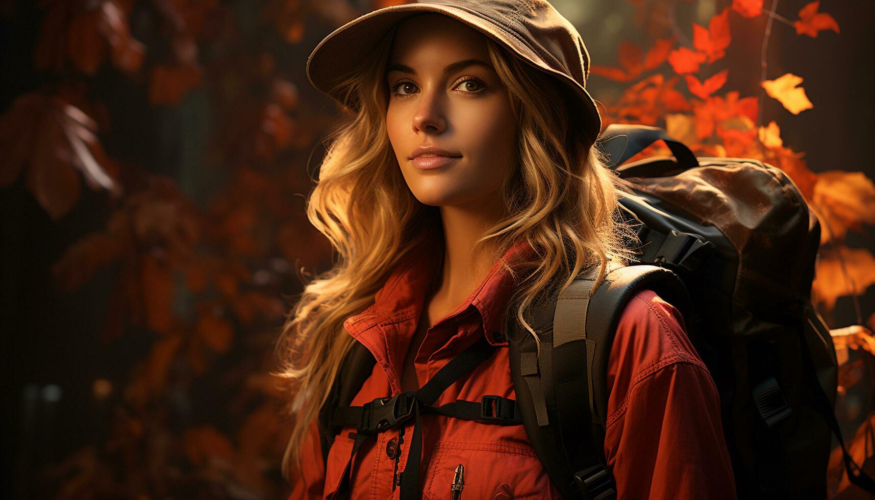 Smiling young woman hiking in autumn forest, enjoying nature beauty generated by AI photo