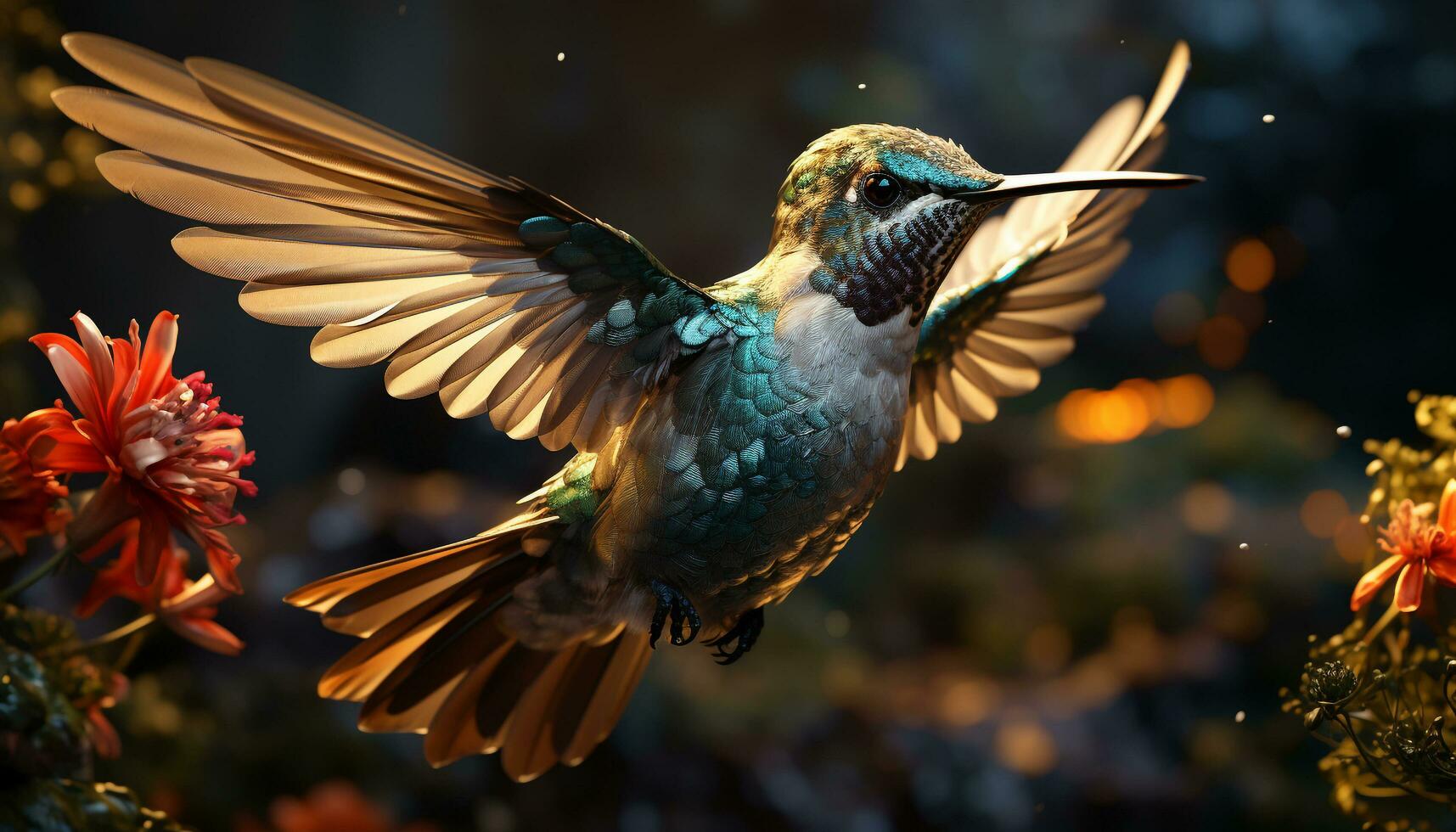 Hummingbird flying, feathered beauty in nature, vibrant colors, hovering motion generated by AI photo