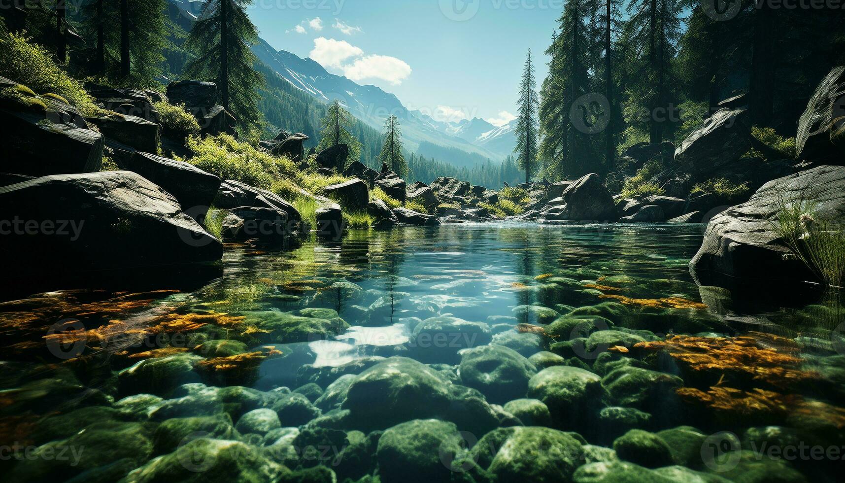 Majestic mountain peak reflects in tranquil flowing water generated by AI photo